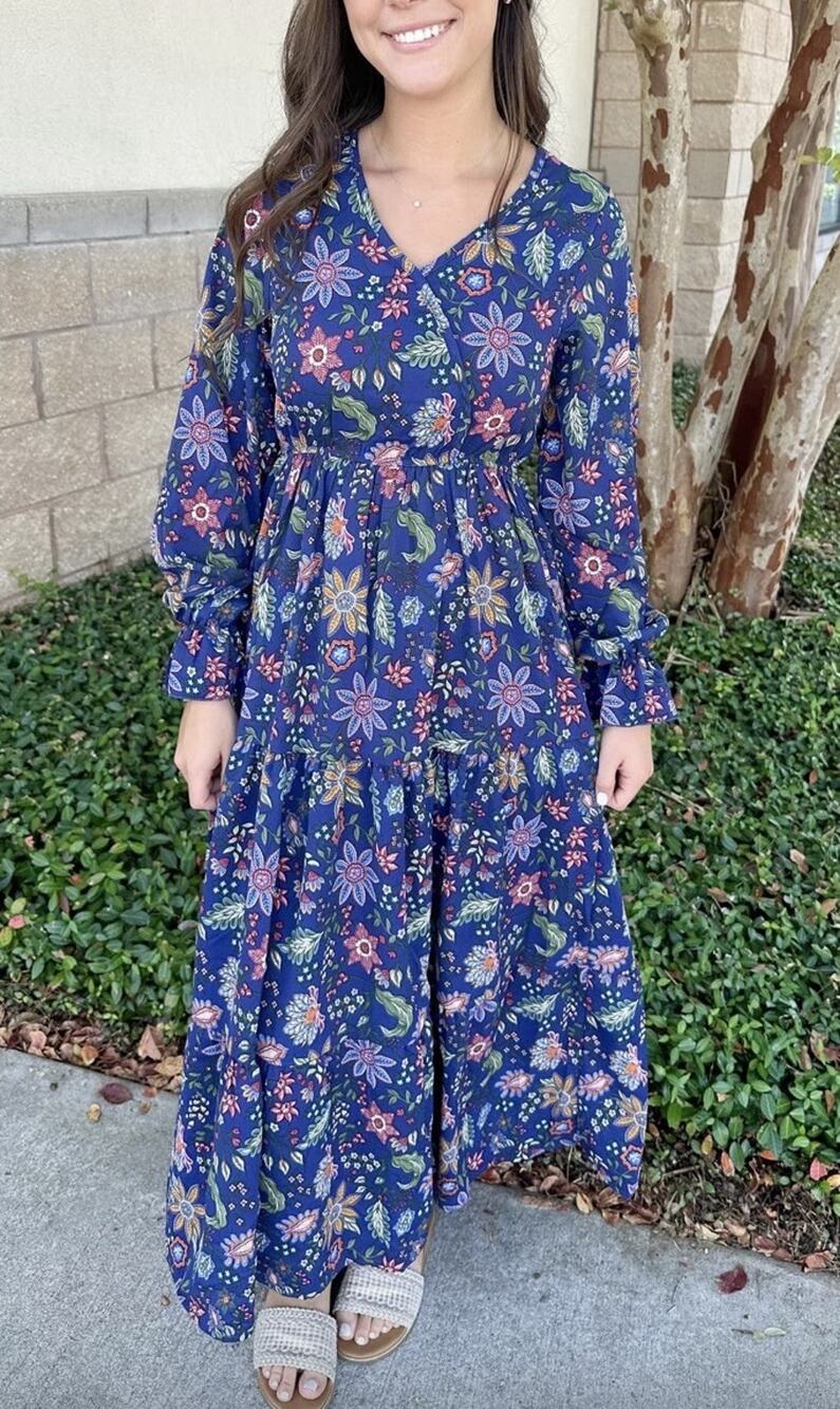 New Simply Southern Mila Maxi Dress Womens Size L Blue Floral